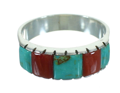 Coral And Turquoise Inlay Authentic Sterling Silver Ring Size 6-1/2 AX87574